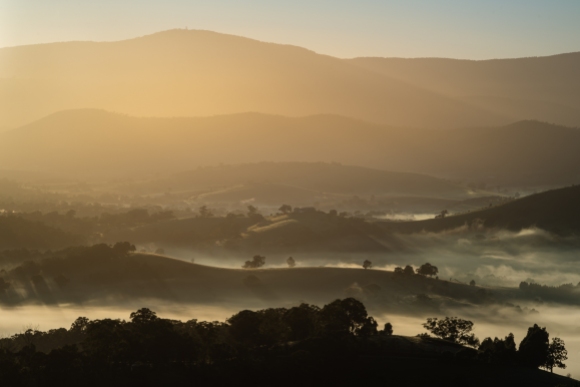 Yarra Glen, Victoria - Australia 'Winter Sunrise at Skyline Road' Photographed by Karen Robinson Jun 2020 Comments - A misty early morning looking out over the plains and towards the mountains from Skyline Road.
