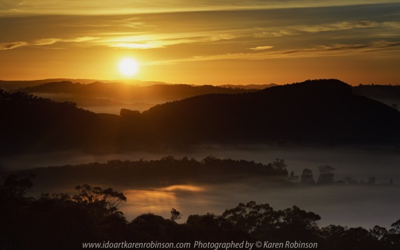 Strath Creek, Victoria - Australia 'Sunrise at Murchison Gap Lookout' Photographed by Karen Robinson May 2021 Comment: Beautiful sunrise at the lookout. Foggy mystical views of the valleys stretched across a vast landscape.